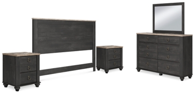 Nanforth King/California King Panel Headboard with Mirrored Dresser and 2 Nightstands, Graphite