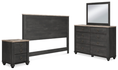 Nanforth King/California King Panel Headboard with Mirrored Dresser and Nightstand, Graphite