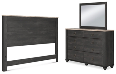 Nanforth King/California King Panel Headboard with Mirrored Dresser, Graphite