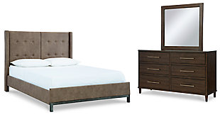 Wittland Queen Upholstered Panel Bed with Mirrored Dresser, Brown, large