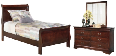 Alisdair Twin Sleigh Bed with Mirrored Dresser, Reddish Brown