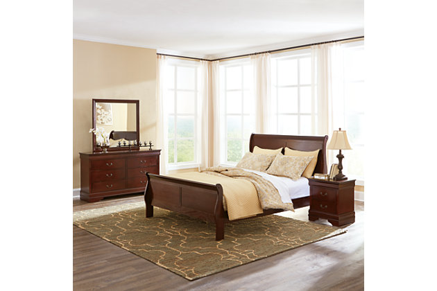 The Alisdair queen sleigh bed with an 8-inch memory foam mattress is the epitome of traditional decor. The bed's Louis Philippe-style moulding dates back to the mid-19th century, when furnishings were lavish yet somewhat simple. Its deep finish brings warmth and elegance into the space. Rest assured, the memory foam mattress delivers amazing support, pressure relief and comfort. Its memory foam layer is supported by a thick layer of firm support foam for a sound night’s sleep. The hypoallergenic material offers added comfort for allergy sufferers, too. Plus, this mattress arrives in a box for quick, easy setup. Simply cut away the plastic wrap and unroll. You’ll be amazed at how it fully expands within minutes. Foundation/box spring available, sold separately.Includes mattress and bed | Bed (with headboard, footboard, posts and rails) made of veneers, wood and engineered wood | Mattress comfort level: luxury firm | Memory foam, transition foam and firm support foam | Premium stretch knit cover | 10-year non-prorated warranty, adjustable base compatible | State recycling fee may apply | Note: Purchasing mattress and foundation from two different brands may void warranty; check warranty for details | Assembly required | Foundation/box spring required, sold separately | Estimated Assembly Time: 5 Minutes