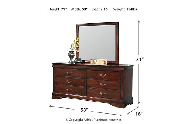 The Alisdair dresser and mirror set is the epitome of traditional decor. Louis Philippe-style moulding dates back to the mid-19th century when furnishings were lavish yet somewhat simple. Deep finish brings warmth and elegance into the space.Made of engineered wood | Antique bronze-tone hardware | 6 drawers with metal slides positioned beneath drawers | Louis Philippe-style moulding | Mirror attaches to back of dresser | Assembly required | Excluded from promotional discounts and coupons | Includes tipover restraint device | Estimated Assembly Time: 5 Minutes