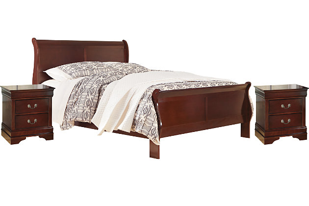The Alisdair 5-piece bedroom set is the epitome of traditional decor. Louis Philippe-style moulding dates back to the mid-19th century when furnishings were lavish yet somewhat simple. Rich, complex finish is sure to grace your space with warmth and elegance. Includes king sleigh bed with picture frame panels and a pair of nightstands, each with two drawers and antiqued pulls. Mattress and foundation/box spring available, sold separately.Includes king headboard, footboard, rails and 2 nightstands | Bed made of veneers, wood and engineered wood; nightstand made of engineered wood | Louis Philippe-style moulding | Nightstand with 2 smooth-gliding drawers and antique bronze-tone hardware | Bed assembly required | Foundation/box spring required, sold separately | Mattress available, sold separately | Estimated Assembly Time: 5 Minutes