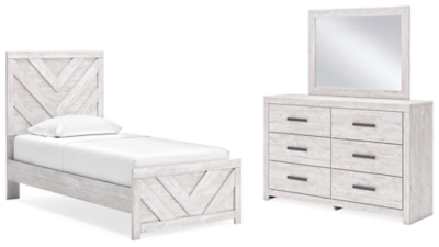 Cayboni Twin Panel Bed with Mirrored Dresser, Whitewash