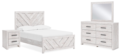 Cayboni Full Panel Bed with Mirrored Dresser and Nightstand, Whitewash