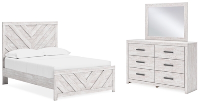 Cayboni Full Panel Bed with Mirrored Dresser, Whitewash