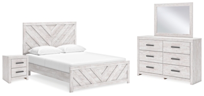 Cayboni Queen Panel Bed with Mirrored Dresser and Nightstand, Whitewash