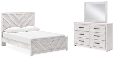 Cayboni Queen Panel Bed with Mirrored Dresser, Whitewash