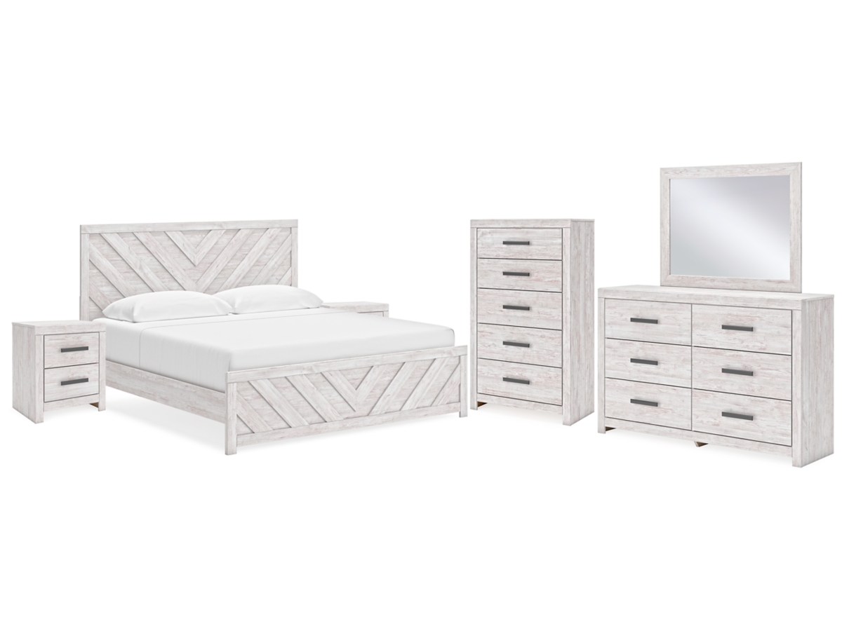 Cayboni King Panel Bed with Mirrored Dresser, Chest and 2