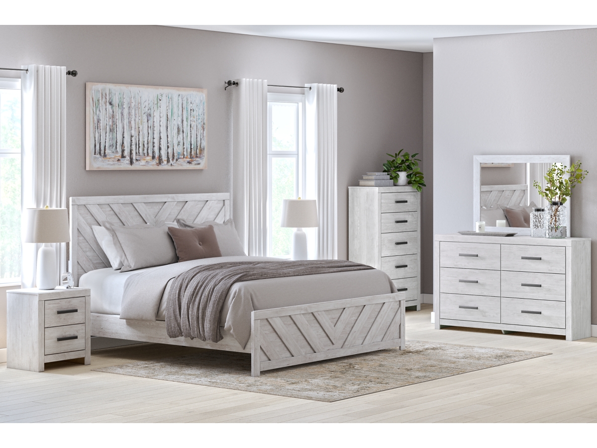 Cayboni King Panel Bed with Mirrored Dresser, Chest and 2