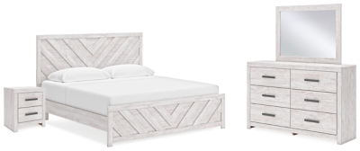 Cayboni King Panel Bed with Mirrored Dresser and Nightstand, Whitewash