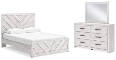 Cayboni King Panel Bed with Mirrored Dresser, Whitewash