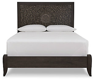 Showcase your trend-setting spirit with the Paxberry panel bed. Inspired by bohemian tapestries, exquisite carved medallion pattern is a testament to boho-chic style. Sophisticated dark finish sets a foundation for a room bursting with personality. Includes headboard and footboard with rails | Made of engineered wood (MDF/particleboard) and decorative laminate | Vintage aged black/brown finish over replicated oak grain | Foundation/box spring required, sold separately | Mattress available, sold separately | Assembly required | Estimated Assembly Time: 5 Minutes