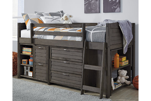 Sporting a distinctive weathered gray finish and charming louvered details, the Caitbrook twin loft bed with under bed storage is sure to raise your expectations when it comes to kids furniture. Providing plenty of handy drawer and shelf space, the 3-piece modular storage solution accommodates everything from toys and stuffed animals, to clothes and jammies. Along with a sturdy ladder and protective guard rails, this twin loft bed includes quality wood slats that eliminate the need for a foundation/box spring. Mattress available, sold separately.
Made of pine veneers, pine wood and engineered wood | Bright nickel-tone hardware | Includes twin loft bed frame and under bed storage | Bed frame features guard rails, roll slat support and sturdy ladder | Modular under bed storage includes bookcase with single shelf, 2-drawer/2-shelf bookcase and 3-drawer chest | Included slats eliminate need for foundation/box spring | Assembly required | Estimated Assembly Time: 140 Minutes