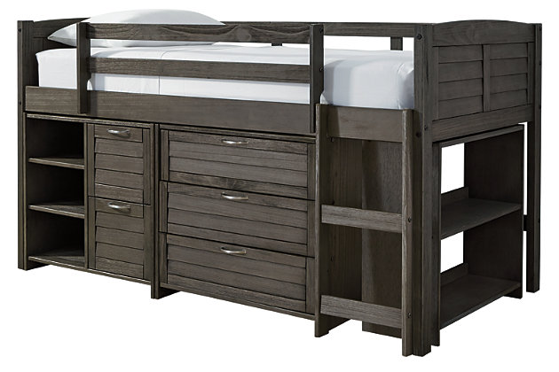 Caitbrook Twin Loft Bed With 1 Large, Logik Twin L Shaped Bunk Bed With Drawers And Shelves