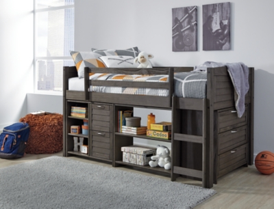 grey bunk beds with storage