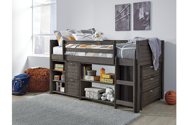 Sporting a distinctive weathered gray finish and charming louvered details, the Caitbrook twin loft bed with under bed storage is sure to raise your expectations when it comes to kids furniture. Providing plenty of handy drawer and shelf space, the 3-piece modular storage solution accommodates everything from toys and stuffed animals, to clothes and jammies. Along with a sturdy ladder and protective guard rails, this twin loft bed includes quality wood slats that eliminate the need for a foundation/box spring. Mattress available, sold separately.
Made of pine veneers, pine wood and engineered wood | Bright nickel-tone hardware | Includes twin loft bed frame and under bed storage | Bed frame features guard rails, roll slat support and sturdy ladder | Modular under bed storage includes bookcase with single shelf, 2-drawer/2-shelf bookcase and 3-drawer chest | Included slats eliminate need for foundation/box spring | Assembly required | Estimated Assembly Time: 140 Minutes