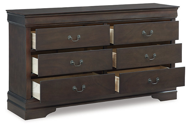 Polished and poised in an elegant deep brown finish, the Leewarden dresser is a regal dream. Six dovetail constructed drawers provide sophisticated storage. An additional elegant touch is made by the antiqued bronze-tone drawer pulls.Dresser only | Made with wood, okoume veneers and engineered wood substrates | Deep brown finish | Antiqued bronze-tone bails | 6 drawers with dovetailed construction and metal center guides | Assembly required