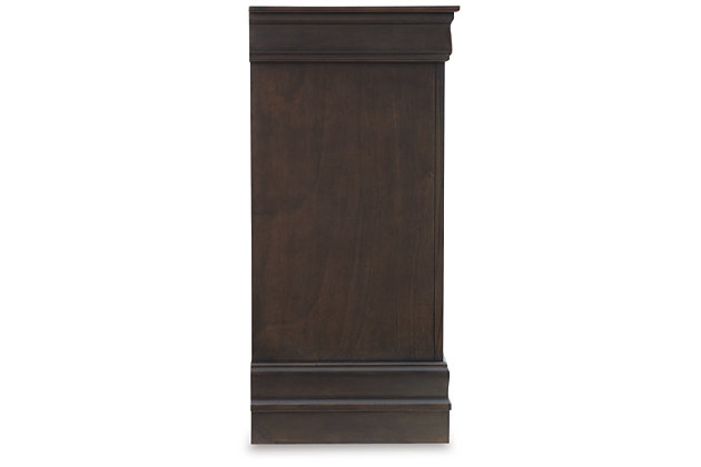 Polished and poised in an elegant deep brown finish, the Leewarden dresser is a regal dream. Six dovetail constructed drawers provide sophisticated storage. An additional elegant touch is made by the antiqued bronze-tone drawer pulls.Dresser only | Made with wood, okoume veneers and engineered wood substrates | Deep brown finish | Antiqued bronze-tone bails | 6 drawers with dovetailed construction and metal center guides | Assembly required