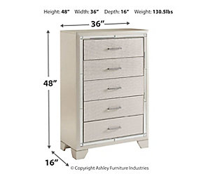 Taking its cues from Hollywood Regency interiors, the Lonnix chest of drawers is puttin’ on the ritz in a big way. The chest’s ultra-clean profile is elevated with a spectacular metallic silvertone finish made all the more interesting with a hint of embossed texturing on the sleek, flush-mount drawers. The beveled mirror trimwork that frames the chest creates a rich, reflective effect, while ultra-modern nickel-tone pulls with faux crystal insets serve as a fabulous finishing touch.Made of wood and engineered wood | Silvertone metallic finish | 5 smooth-gliding drawers with dovetail construction | Beveled mirror trim | Embossed, textural drawer fronts | Bright nickel-tone pulls with faux crystal insets | Estimated Assembly Time: 30 Minutes