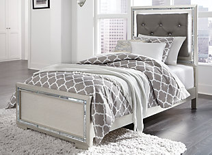 Taking its cues from Hollywood Regency interiors, the Lonnix twin upholstered bed is puttin’ on the ritz in a big way. The bed’s ultra-clean profile is elevated with a spectacular metallic silvertone finish, enriched with a hint of embossed texturing on the low-profile footboard. Tufted headboard is adorned with a low-maintenance gray faux leather fabric that’s as plush as it is practical. And for a dazzling effect: beveled mirror trim surrounding the upholstered cushion that’s brought to life by a string of LED lighting. Mattress and foundation/box spring available, sold separately.Made of wood and engineered wood | Includes headboard, footboard and rails | Silvertone metallic finish | Button-tufted faux leather upholstery  | LED backlights for ambiance | Power cord included; UL Listed | Beveled mirror trim | Embossed, textural panels | Assembly required | Mattress and foundation/box spring available, sold separately | Estimated Assembly Time: 55 Minutes