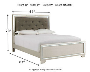 Ta its cues from Hollywood Regency interiors, the Lonnix upholstered bed is puttin’ on the ritz in a big way. The bed’s ultra-clean profile is elevated with a spectacular metallic silvertone finish, enriched with a hint of embossed texturing on the low-profile footboard. Tufted headboard is adorned with a low-maintenance gray faux leather fabric that’s as plush as it is practical. And for a dazzling effect: beveled mirror trim surrounding the upholstered cushion that’s brought to life by a string of LED lighting. Mattress and foundation/box spring available, sold separately.Made of wood and engineered wood | Includes headboard, footboard and rails | Silvertone metallic finish | Button-tufted faux leather upholstery  | LED backlights for ambiance | Power cord included; UL Listed | Beveled mirror trim | Embossed, textural panels | Assembly required | Mattress and foundation/box spring available, sold separately | Estimated Assembly Time: 55 Minutes