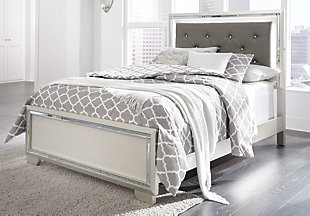Taking its cues from Hollywood Regency interiors, the Lonnix full upholstered bed is puttin’ on the ritz in a big way. The bed’s ultra-clean profile is elevated with a spectacular metallic silvertone finish, enriched with a hint of embossed texturing on the low-profile footboard. Tufted headboard is adorned with a low-maintenance gray faux leather fabric that’s as plush as it is practical. And for a dazzling effect: beveled mirror trim surrounding the upholstered cushion that’s brought to life by a string of LED lighting. Mattress and foundation/box spring available, sold separately.Made of wood and engineered wood | Includes headboard, footboard and rails | Silvertone metallic finish | Button-tufted faux leather upholstery  | LED backlighting | Power cord included; UL Listed | Beveled mirror trim | Embossed, textural panels | Assembly required | Mattress and foundation/box spring available, sold separately | Estimated Assembly Time: 55 Minutes