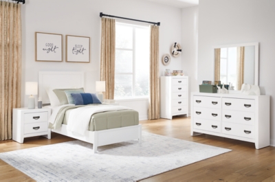 Binterglen Twin Panel Bed with Mirrored Dresser, Chest and 2 Nightstands, White, rollover