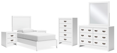 Binterglen Twin Panel Bed with Mirrored Dresser, Chest and 2 Nightstands, White, large