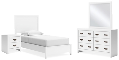 Binterglen Twin Panel Bed with Mirrored Dresser and Nightstand, White, large