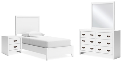 Binterglen Twin Panel Bed with Mirrored Dresser and Nightstand, White