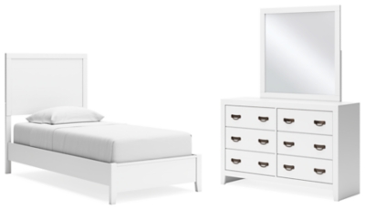 Binterglen Twin Panel Bed with Mirrored Dresser, White