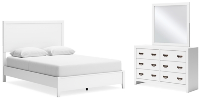 Binterglen Queen Panel Bed with Mirrored Dresser, White