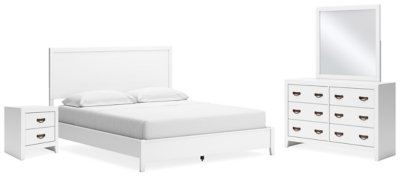 Binterglen California King Panel Bed with Mirrored Dresser and Nightstand, White