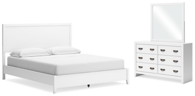 Binterglen California King Panel Bed with Mirrored Dresser, White