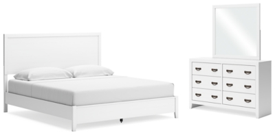 Binterglen King Panel Bed with Mirrored Dresser, White