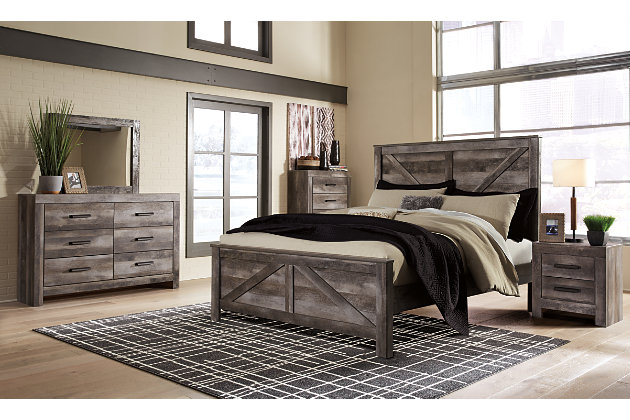 The Wynnlow bed and dresser are sure to win your heart with their daring designer take on modern rustic. The crisp, clean and minimalist-chic profile is enriched with a striking replicated oak grain with thick plank styling and a weathered gray finish for that much more authentic character.Includes panel bed (headboard, footboard and rails) and 6-drawer dresser | Made of engineered wood (MDF/particleboard) and decorative laminate | Rustic gray finish over replicated oak grain | Hooded pull hardware in dark finish | Dresser with smooth-gliding drawers | Foundation/box spring required, sold separately; mattress available, sold separately | Safety is a top priority, clothing storage units are designed to meet the most current standard for stability, ASTM F 2057 (ASTM International) | Drawers extend out to accommodate maximum access to drawer interior while maintaining safety | Assembly required | Estimated Assembly Time: 10 Minutes