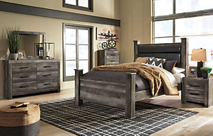 The Wynnlow bedroom package is sure to win your heart with its daring designer take on modern rustic. Its crisp, clean and minimalist-chic profile is enriched with a striking replicated oak grain with thick plank styling and a weathered gray finish for that much more authentic character. The bed's padded black faux leather upholstered headboard with deep channeling adds flair and a sumptuous feel. The dresser and chest feature large-scale hooded pulls gracing the flush-mount drawers.Includes poster bed (black faux leather upholstered poster headboard, poster footboard and rails), 6-drawer dresser with mirror and 5-drawer chest | Made of engineered wood (MDF/particleboard) and decorative laminate | Rustic gray finish over replicated oak grain | Hooded pull hardware in dark finish | Dresser and chest with smooth-gliding drawers | Mirror attaches to back of dresser | Foundation/box spring required, sold separately; mattress available, sold separately | Safety is a top priority, clothing storage units are designed to meet the most current standard for stability, ASTM F 2057 (ASTM International) | Drawers extend out to accommodate maximum access to drawer interior while maintaining safety | Assembly required | Estimated Assembly Time: 15 Minutes