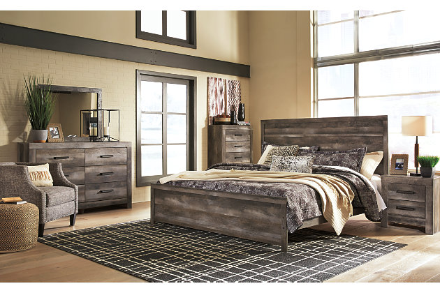 The Wynnlow king panel bed is sure to win your heart with its daring, designer take on modern rustic. The bed’s crisp, clean and minimalist-chic profile is enriched with a striking replicated oak grain with thick plank styling and a weathered gray finish for that much more authentic character. Mattress and foundation/box spring available, sold separately.Includes headboard/footboard and rails | Made of engineered wood (MDF/particleboard) and decorative laminate | Rustic gray planked replicated oak grain with authentic touch | Foundation/box spring required, sold separately | Mattress available, sold separately | Assembly required | Estimated Assembly Time: 5 Minutes