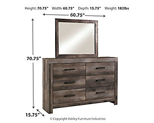 The Wynnlow dresser and mirror set is sure to win your heart with its daring designer take on modern rustic. The dresser and mirror's crisp, clean and minimalist-chic profile is enriched with a striking replicated oak grain with thick plank styling and a weathered gray finish for that much more authentic character. Large-scale hooded pulls gracing the flush-mount drawers add such a distinctive twist.Includes dresser and mirror | Made of engineered wood (MDF/particleboard) and decorative laminate | Rustic gray planked replicated oak grain with authentic touch | Hooded pull hardware in dark finish | 6 smooth-gliding drawers | Mirror attaches to back of dresser | Safety is a top priority, clothing storage units are designed to meet the most current standard for stability, ASTM F 2057 (ASTM International) | Drawers extend out to accommodate maximum access to drawer interior while maintaining safety | Assembly required | Estimated Assembly Time: 5 Minutes