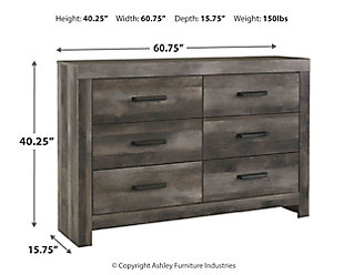 The Wynnlow dresser is sure to win your heart with its daring, designer take on modern rustic. The dresser’s crisp, clean and minimalist-chic profile is enriched with a striking replicated oak grain with thick plank styling and a weathered gray finish for that much more authentic character. Large-scale hooded pulls gracing the flush-mount drawers add such a distinctive twist.Dresser only | Made of engineered wood and decorative laminate | Rustic gray planked replicated oak grain with authentic touch | Hooded pull hardware in dark finish | 6 smooth-gliding drawers | Safety is a top priority, clothing storage units are designed to meet the most current standard for stability, ASTM F 2057 (ASTM International) | Drawers extend out to accommodate maximum access to drawer interior while maintaining safety | Assembly required