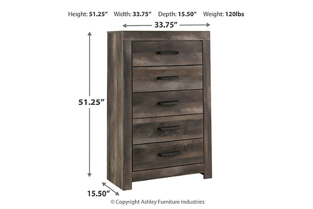 The Wynnlow chest of drawers is sure to win your heart with its daring designer take on modern rustic. The bedroom chest’s crisp, clean and minimalist-chic profile is enriched with a striking replicated oak grain with thick plank styling and a weathered gray finish for that much more authentic character. Large-scale hooded pulls gracing the flush-mount drawers add such a distinctive twist.Made of engineered wood (MDF/particleboard) and decorative laminate | Rustic gray planked replicated oak grain with authentic touch | Hooded pull hardware in dark finish | 5 smooth-gliding drawers | Safety is a top priority, clothing storage units are designed to meet the most current standard for stability, ASTM F 2057 (ASTM International) | Drawers extend out to accommodate maximum access to drawer interior while maintaining safety | Assembly required