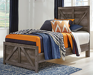 The Wynnlow twin panel bed is sure to win your heart with its daring, designer take on modern rustic. The bed’s crisp, clean and minimalist-chic profile is enriched with a striking replicated oak grain with thick plank styling and a weathered gray finish for that much more authentic character. Large crossbuck design adds charming farmhouse flair. Mattress and foundation/box spring sold separately.Includes headboard, footboard and rails | Made of engineered wood (MDF/particleboard) and decorative laminate | Rustic gray planked replicated oak grain with authentic touch | Headboard/footboard feature cross buck design | Foundation/box spring required, sold separately | Mattress available, sold separately | Assembly required | Estimated Assembly Time: 5 Minutes