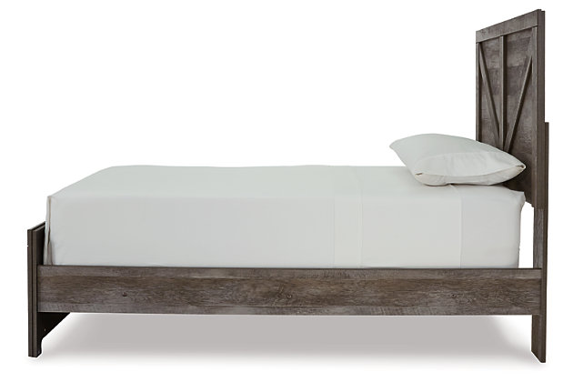 The Wynnlow twin panel bed is sure to win your heart with its daring, designer take on modern rustic. The bed’s crisp, clean and minimalist-chic profile is enriched with a striking replicated oak grain with thick plank styling and a weathered gray finish for that much more authentic character. Large crossbuck design adds charming farmhouse flair. Mattress and foundation/box spring sold separately.Includes headboard, footboard and rails | Made of engineered wood (MDF/particleboard) and decorative laminate | Rustic gray planked replicated oak grain with authentic touch | Headboard/footboard feature cross buck design | Foundation/box spring required, sold separately | Mattress available, sold separately | Assembly required | Estimated Assembly Time: 5 Minutes