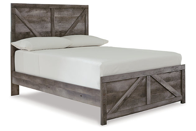 The Wynnlow full panel bed is sure to win your heart with its daring, designer take on modern rustic. The bed’s crisp, clean and minimalist-chic profile is enriched with a striking replicated oak grain with thick plank styling and a weathered gray finish for that much more authentic character. Large crossbuck design adds charming farmhouse flair. Mattress and foundation/box spring sold separately.Includes headboard, footboard and rails | Made of engineered wood (MDF/particleboard) and decorative laminate | Rustic gray planked replicated oak grain with authentic touch | Headboard/footboard feature cross buck design | Foundation/box spring required, sold separately | Mattress available, sold separately | Assembly required | Estimated Assembly Time: 5 Minutes