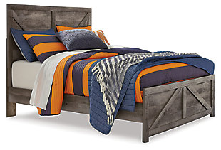 The Wynnlow full panel bed is sure to win your heart with its daring, designer take on modern rustic. The bed’s crisp, clean and minimalist-chic profile is enriched with a striking replicated oak grain with thick plank styling and a weathered gray finish for that much more authentic character. Large crossbuck design adds charming farmhouse flair. Mattress and foundation/box spring sold separately.Includes headboard, footboard and rails | Made of engineered wood (MDF/particleboard) and decorative laminate | Rustic gray planked replicated oak grain with authentic touch | Headboard/footboard feature cross buck design | Foundation/box spring required, sold separately | Mattress available, sold separately | Assembly required | Estimated Assembly Time: 5 Minutes