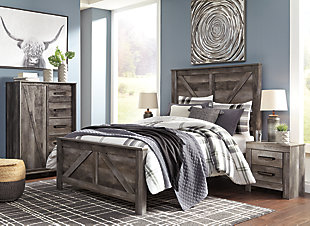 The Wynnlow queen crossbuck panel bed is sure to win your heart with its daring designer take on modern rustic. The bed’s crisp, clean and minimalist-chic profile is enriched with a striking replicated oak grain with thick plank styling and a weathered gray finish for that much more authentic character. Mattress and foundation/box spring available, sold separately.Includes headboard, footboard and rails | Made of engineered wood and decorative laminate | Rustic gray planked replicated oak grain with authentic touch | Foundation/box spring required, sold separately | Mattress available, sold separately | Assembly required | Estimated Assembly Time: 10 Minutes