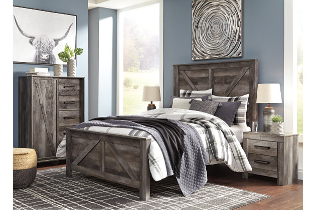 The Wynnlow crossbuck panel bed is sure to win your heart with its daring designer take on modern rustic. The bed’s crisp, clean and minimalist-chic profile is enriched with a stri replicated oak grain with thick plank styling and a weathered gray finish for that much more authentic character. Mattress and foundation/box spring available, sold separately.Includes headboard, footboard and rails | Made of engineered wood (MDF/particleboard) and decorative laminate | Rustic gray planked replicated oak grain with authentic touch | Foundation/box spring required, sold separately | Mattress available, sold separately | Assembly required | Estimated Assembly Time: 10 Minutes