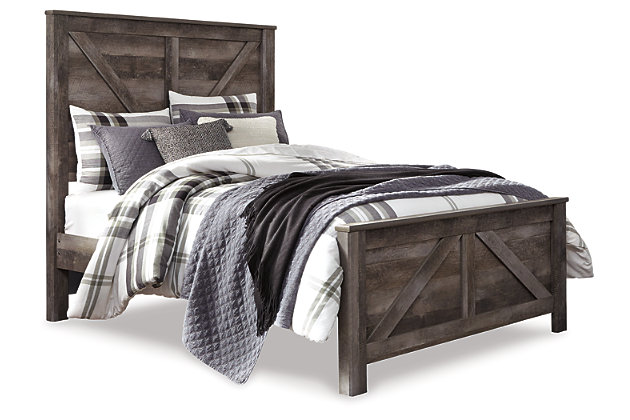 The Wynnlow queen crossbuck panel bed is sure to win your heart with its daring designer take on modern rustic. The bed’s crisp, clean and minimalist-chic profile is enriched with a striking replicated oak grain with thick plank styling and a weathered gray finish for that much more authentic character. Mattress and foundation/box spring available, sold separately.Includes headboard, footboard and rails | Made of engineered wood and decorative laminate | Rustic gray planked replicated oak grain with authentic touch | Foundation/box spring required, sold separately | Mattress available, sold separately | Assembly required | Estimated Assembly Time: 10 Minutes